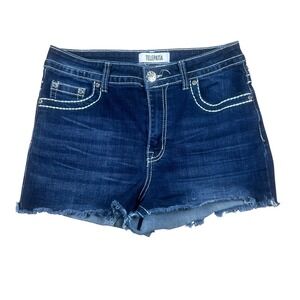 Telepatía Women Dark Wash Embroidered Rhinestone Denim Cutoff Shorts Size 9/29